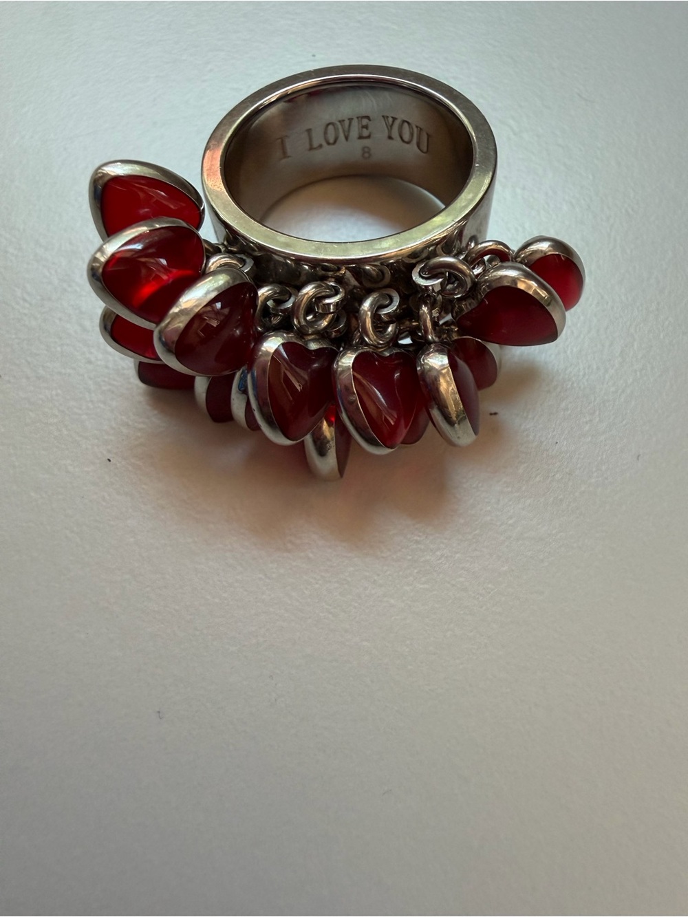 Red Heart Charm Silver Band Ring